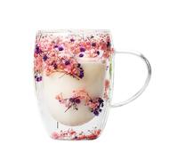 Besreey Double Walled Glass Mug - 350ML Dried Flowers Glass Coffee Mugs, Dried Flowers Glass Cups, Dried Flowers Insulated Glass Coffee Cups with Handle, Dry Flowers Cup,