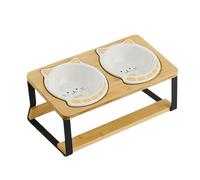 Besreey Raised Cat Food Bowl, Raised Feeding Bowl with Height Adjustment, Ceramic Double Bowl with Leak-proof Wooden Mat for Kittens, Puppies, Home and On the Go
