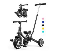 besrey 5-in-1 Toddler Tricycle with 5-Height Parent Steering Push Handle for 1-5 Years Old, Foldable Kids Trike, Bike with Wheel Clutch, Larger Wheels, Removable Pedals, Height Adjustable Seat, Black