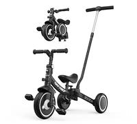 besrey 5-in-1 Toddler Tricycle with 5-Height Parent Steering Push Handle for 1-5 Years Old, Foldable Kids Trike, Bike with Wheel Clutch, Larger Wheels, Removable Pedals, Height Adjustable Seat, Black