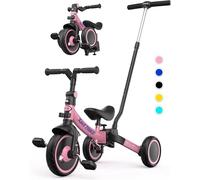 besrey 5-in-1 Toddler Tricycle with 5-Height Parent Steering Push Handle for 1-5 Years Old, Foldable Kids Trike, Bike with Wheel Clutch, Larger Wheels, Removable Pedals, Height Adjustable Seat, Pink