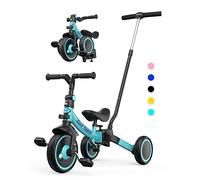 besrey 5-in-1 Toddler Tricycle with 5-Height Parent Steering Push Handle for 1-5 Years Old, Foldable Kids Trike, Bike with Wheel Clutch, Larger Wheels, Removable Pedals, Height Adjustable Seat, Mint
