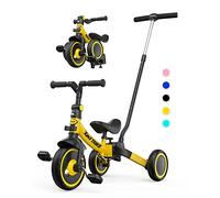 besrey 5-in-1 Toddler Tricycle with 5-Height Parent Steering Push Handle for 1-5 Years Old, Foldable Kids Trike, Bike with Wheel Clutch, Larger Wheels, Removable Pedals, Height Adjustable Seat, Yellow