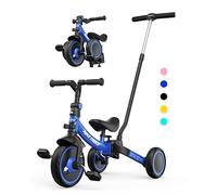 besrey 5-in-1 Toddler Tricycle with 5-Height Parent Steering Push Handle for 1-5 Years Old, Foldable Kids Trike, Bike with Wheel Clutch, Larger Wheels, Removable Pedals, Height Adjustable Seat, Blue