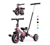 besrey 5-in-1 Toddler Tricycle with 5-Height Parent Steering Push Handle for 1-5 Years Old, Foldable Kids Trike, Bike with Wheel Clutch, Larger Wheels, Removable Pedals, Height Adjustable Seat, Pink