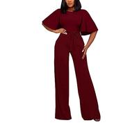 BessCops Womens Loose Short Sleeve Belted Wide Leg Pant Romper Jumpsuit Casual Business One Piece Outfits, 9wine Red, Small