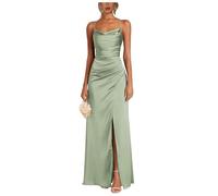 BessDress Elegant Satin Bridesmaid Dress Long Formal Gown with Front Slit Ruched Mermaid Wedding Guest Dresses Sage Green 10