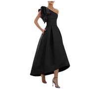 BessDress High Low A Line Cocktail Dress Satin Graduation Ceremony Gown with Pockets One Shoulder Prom Dress Black Size UK16/EU44