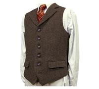 BessDress Men's Retro Herringbone Pattern Waistcoat Slim Fit Spring Autumn Tweed Suit Vest with Flap Pockets Coffee S