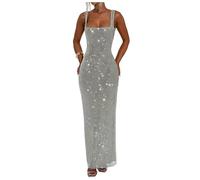 BessDress Womens Long Sparkly Sequin Party Dress Backless Maxi Dresses for Evening Gala Square Neck Formal Gown Silver 6