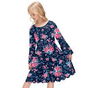 BesserBay Girls A-Line Dress Long Sleeve Dress Plain Casual Dress Spring Round Neck Wave-like Skirt End with Printing 7-8 Years