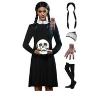 BesserBay Halloween Women's Horror Dress Long Sleeve Cosplay Peter Pan Collar Wednesday Vintage Costume Knee-Length Black XL