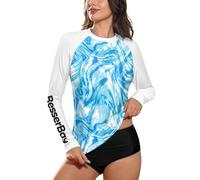 BesserBay Women Summer Swimming UPF Swim Rashguard Sun Protection Uv Protection Sun Guard Swimsuit Blue White Wave L