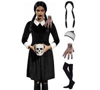 BesserBay Women's Halloween Long Sleeve Midi Dress Horror Wednesday Velvet Peter Pan Collar Costume Knee-Length Black M