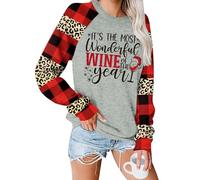 BesserBay Women's Ugly Christmas Jumper Plaid Leopard Raglan Sleeve It's The Most Wonderful Wine Year Santa Glass Sweatshirt XL