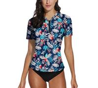 BesserBay Women's V-Neck Short Sleeve Surf Shirt 1/4 Zip UV Protection Print Rash Guard S-XXL, Foliage Navy Blue / Plants, L