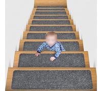 Besshepplo Non Slip Stair Treads 16 Pack 8x30 Inch Reusable Carpet Style Mats with TPE Backing Self Pads for Indoor Wooden Steps Safety for Kids Elderly and Pets Brown(76cm*20cm gray and white)