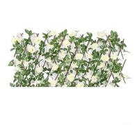 Besshepplo Telescopic Wooden Garden Fence with Artificial Leaves Flowers, Expandable Privacy Screen Trellis for Balcony Courtyard Wall Terrace Decoration (White)