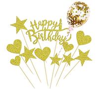Bessy shop Happy Birthday Cake Topper Set,Birthday Cake Decoration Confetti Balloons Cake Toppers Birthday Cake Decorations Star Heart Cupcake Topper for Birthday Party Cake Supplies Gold