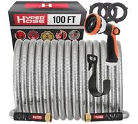 Best 100 ft Metal Garden Hose Set - No-Kink Durable 316 Stainless Steel, 10-Way Zync Spray Nozzle & Hook - Tough Flexible Heavy Duty Water Hoses, Naval Brass, Rust, Weather, LeakProof