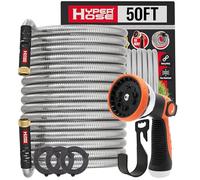 Best 50 ft Metal Garden Hose Set - No-Kink Durable 316 Stainless Steel, 10-Way Zync Spray Nozzle & Hook - Tough Flexible Heavy Duty Water Hoses, 5/8 in, Rust, Weather, LeakProof