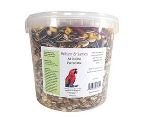 Best All In One Parrot Mix from Britten & James. 5 litre stay fresh tub. This superb mix has been created with no expense spared to be the very best balanced all in one food for your parrot