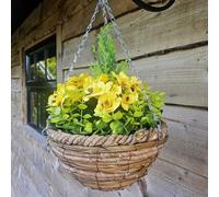 Best Artificial 10 Inch Yellow Pansy Spring Hanging Basket With Greenery And Conifer Centre