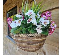 Best Artificial 10" Wicker Rattan Basket with 30cm Pansy and Geranium Flower Display - Suitable for Outdoor, Indoor and Garden (Multi Listing) (Plum & White)