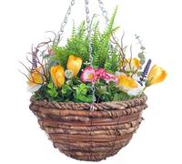 Best Artificial 45Cm / 18 Inch White Daffodil Tulip Daisy Mixed Flower Display In Woven Decorative Hanging Basket (Fern Centre)