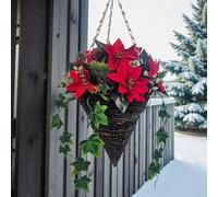 Best Artificial Christmas Poinsettia Cone Hanging Basket, 30cm, Red Flowers, Berries, Pine Cones