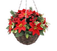 Best Artificial Christmas Poinsettia Hanging Basket, 30cm, Red Flowers, Berries, Pine Cones