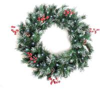 Best Artificial Deluxe Frosted Christmas Wreath With Pine Cones, Red Berries & Lights
