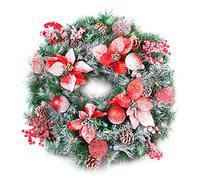 Best Artificial Frosted Red Decorated Christmas Wreath with 30 Bright White LED Battery Waterproof Lights (60cm Wreath)