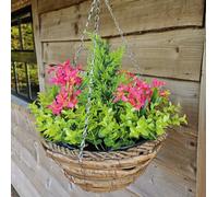 Best Artificial Mini Daffodil Display in 10 inch Woven Decorative Hanging Basket - Suitable for Outdoor use (Pink)