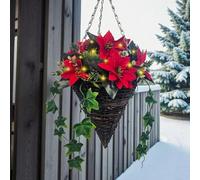 Best Artificial Pre Lit Christmas Poinsettia Cone Hanging Basket, 30cm, Red Flowers, Berries, Pine Cones with Warm White Lights