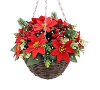 Best Artificial Pre Lit Christmas Poinsettia Hanging Basket, 30cm, Red Flowers, Berries, Pine Cones with Warm White Lights