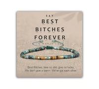 'Best Bitches Forever' Morse Code Bracelet, BFF Friendship Stackable Wrap Beaded Bracelet with Natural Tiger Eye & African Turquoise, Hidden Message Inspirational Jewelry Gift