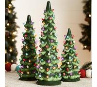 Best Choice Products Set of 3 Ceramic Christmas Trees, Pre-Lit Hand-Painted Tabletop Holiday Decoration w/Multicolor Bulbs, LED Lights - Green