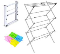 Best Clothes Airer, 3-Tier Expandable & Foldable Drying Rack with 20 Clips, Best Stainless Steel Drying Rack with Laundry Pegs & clips.