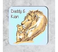 Best Dad Personalised MDF Coaster Plaque Comic Explosion Lion Girl Super Dad Beer Glass Handprints Customised Name Gift for Dad Father’s Day Thoughtful Keepsake Present (Daddy & Baby Lion)