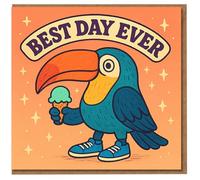 Best Day Ever Toucan Birthday Card - Cute Cartoon Bird with Ice Cream, Peach Starry Background, Fun Design for Friends, Family, Kids or Colleagues