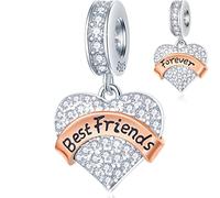 Best Friends Forever Heart Pendant Charms in 925 Sterling Silver, fits Pandora Friendship Bracelet, Sparkling CZ BFF Dangle Beads with Rose Gold Banner
