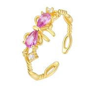 Best Friends Rings, Her Wedding Ring 9K Yellow Gold Bow Knot Open Ring Adjustable with Pink Pear Created Morganite Size O 1/2
