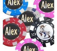 Best Impressions Personalised Poker Chip Golf Ball Markers (Black Chips with White Bits, Gold Wording on Black Centre)