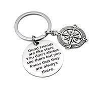 Best Keychain Stainless Steel, Silver Keychain Women Keyring Round Compass "Good Friends Are Like Stars" Anniversary Memorial Gift