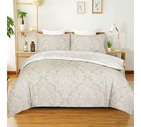 Best Linen Double Duvet Cover Set with 2 Pillowcases 100% Microfiber Soft & Breathable Bedding Set Easy Care Machine Washable (Beige Damask, Double 3 Piece) (Duvet002)