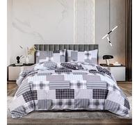 Best Linen Double Duvet Cover Set with 2 Pillowcases 100% Microfiber Soft & Breathable Bedding Set Easy Care Machine Washable (Check Grey, Double 3 Piece)