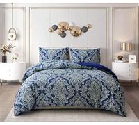 Best Linen Duvet Cover Sets 2 Pcs Soft Quilt Cover Floral & Damask Designs Easy Care Machine Washable Hypoallergenic Bedding Set with 2 Matching Pillow Case (Damask Blue, Single)