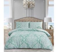 Best Linen Duvet Cover Sets 3 Pcs Soft Quilt Cover Floral & Damask Designs Easy Care Machine Washable Hypoallergenic Bedding Set with 2 Matching Pillow Cases (Royal Damask Green, Double)