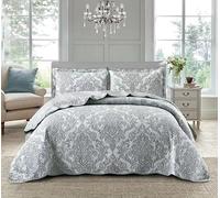 Best Linen Quilted Patchwork Bedspread Comforter Bed Throw with Pillow Sham Floral Design 3 Piece Quilted Coverlet Bedding set (Damask Grey, King)